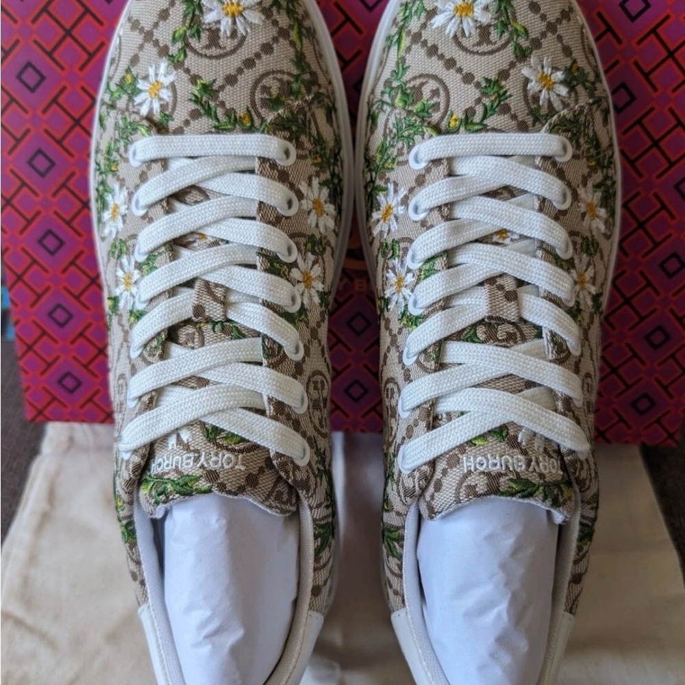 Worn 1x “like new” Tory Burch Floral Canvas Sneakers - Cream and Green